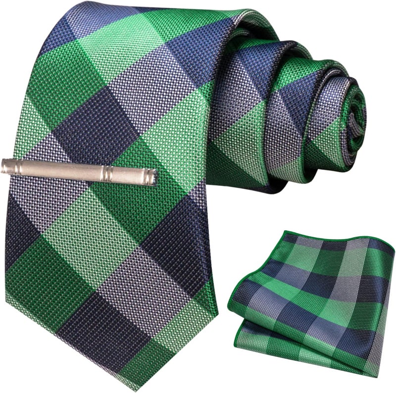 RBOCOTT Silk Stripe Plaid Tie and Pocket Square with Tie Clip Sets for Men - Image 2